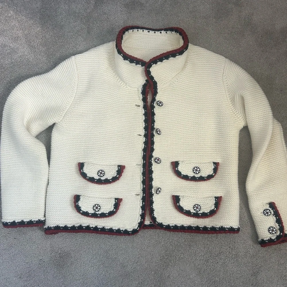 Cream Knit Cardigan with Red and Black Trim Diamond buttons size M - Picture 1 of 4
